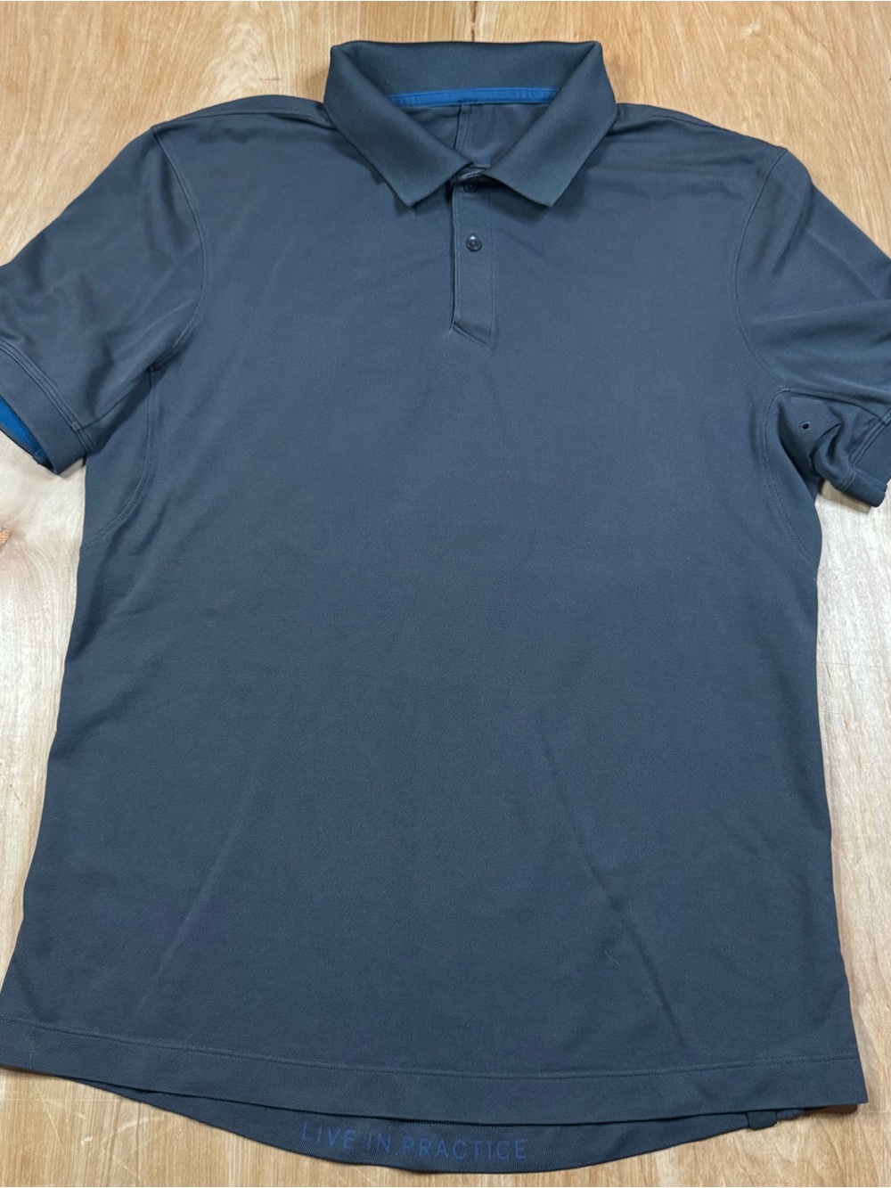 lululemon Mens Navy Solid Logo Short Sleeve Collared Button Polo Shirt Size L